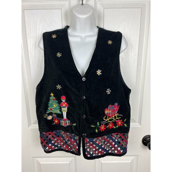 Casey & Max Black Velvet Green Plaid Woven Embroidered Christmas Vest Medium - Picture 6 of 6